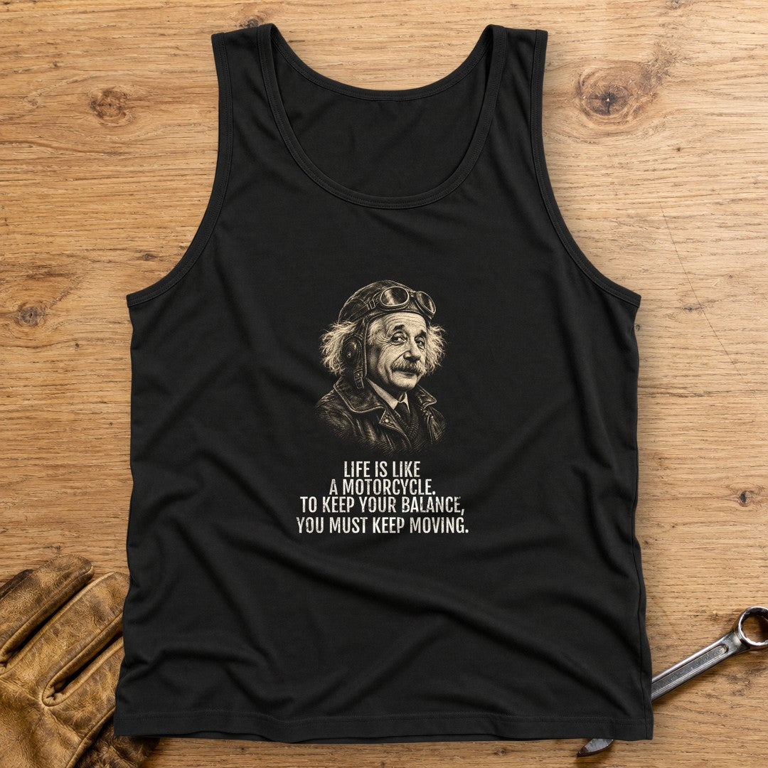 Albert Einstein Keep Moving Tank Top - Black - bench