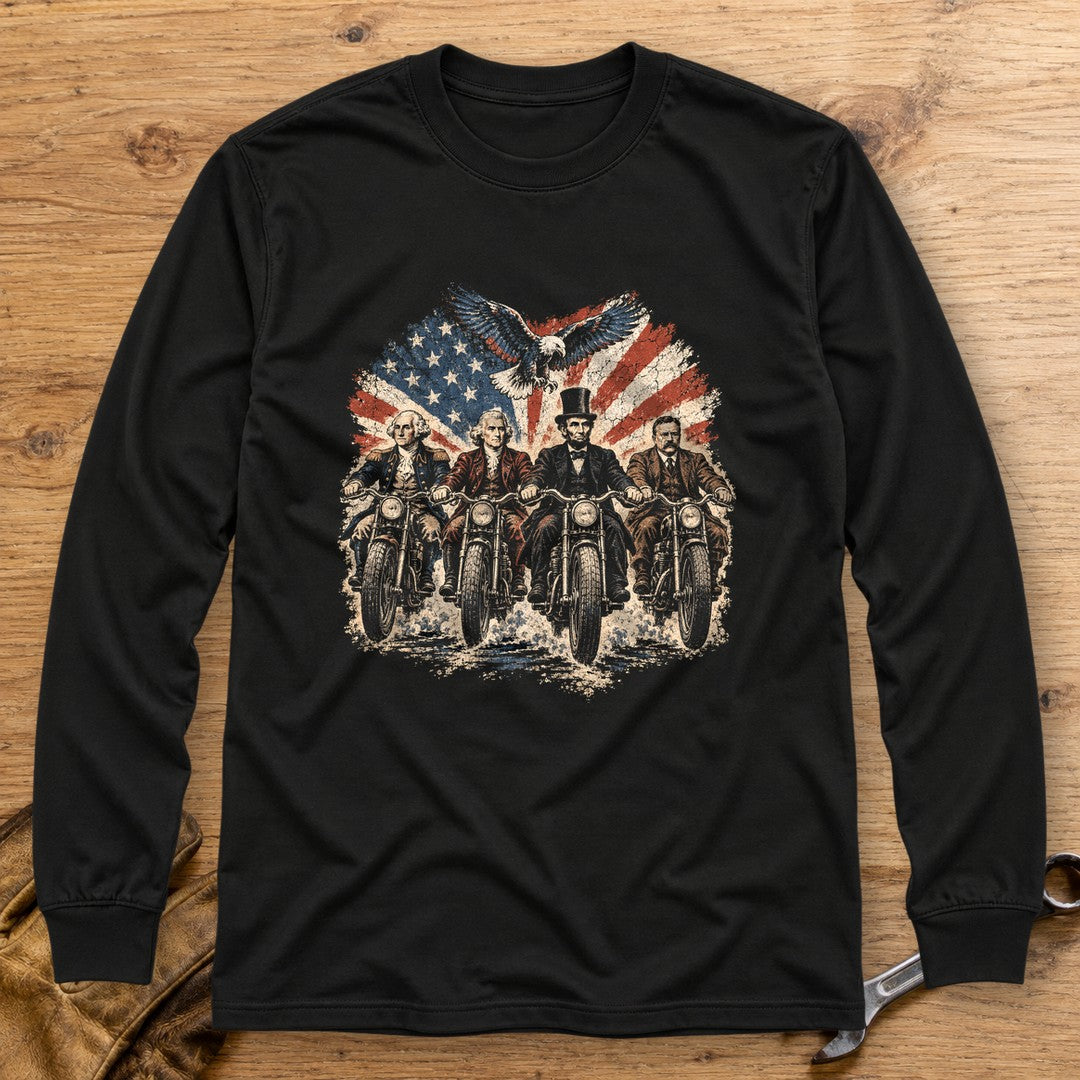 G. Washington, T. Jefferson, A. Lincoln & T. Roosevelt Ride Long Sleeve T-Shirt - Black - bench