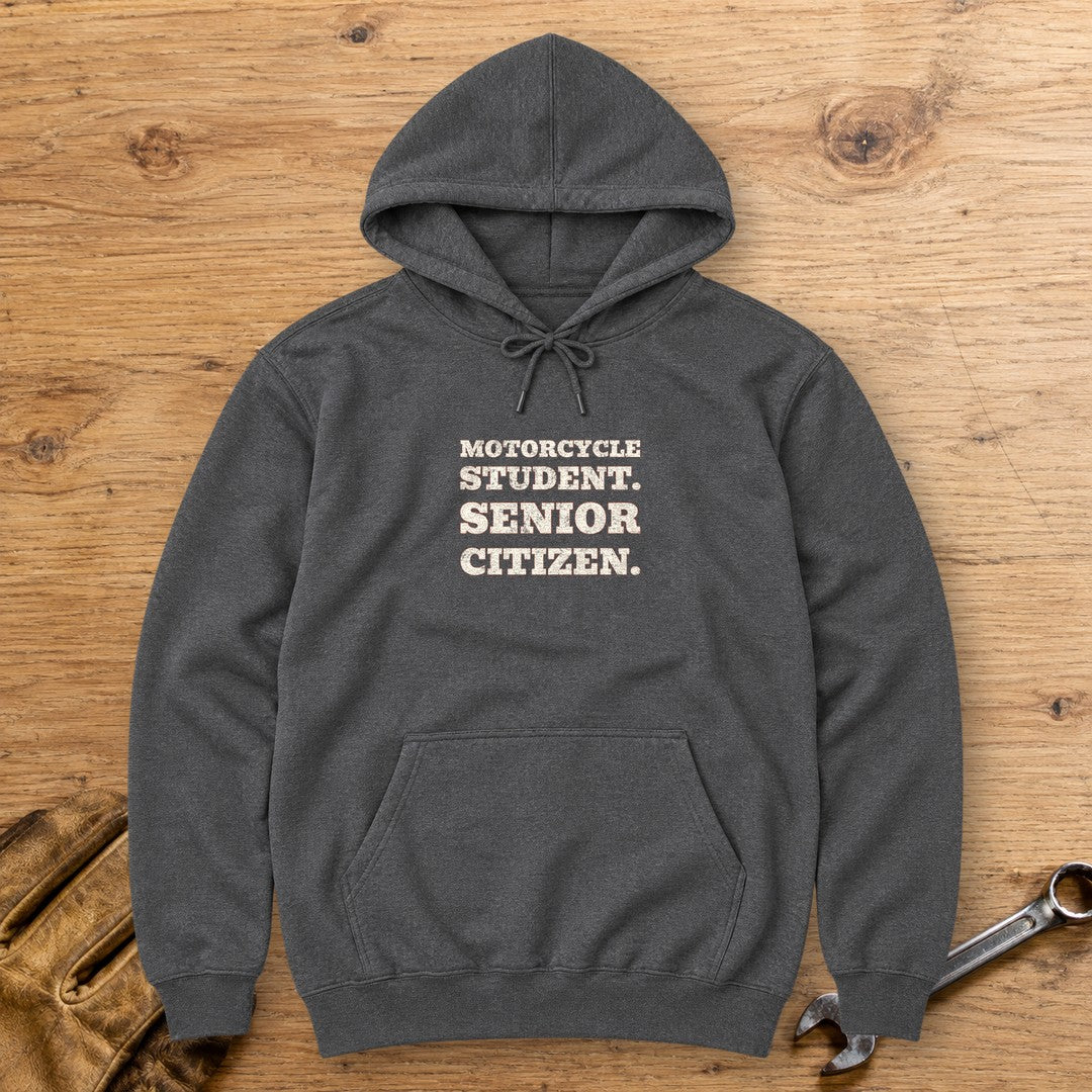 Motorcycle Student Hoodie - Dark Heather - bench