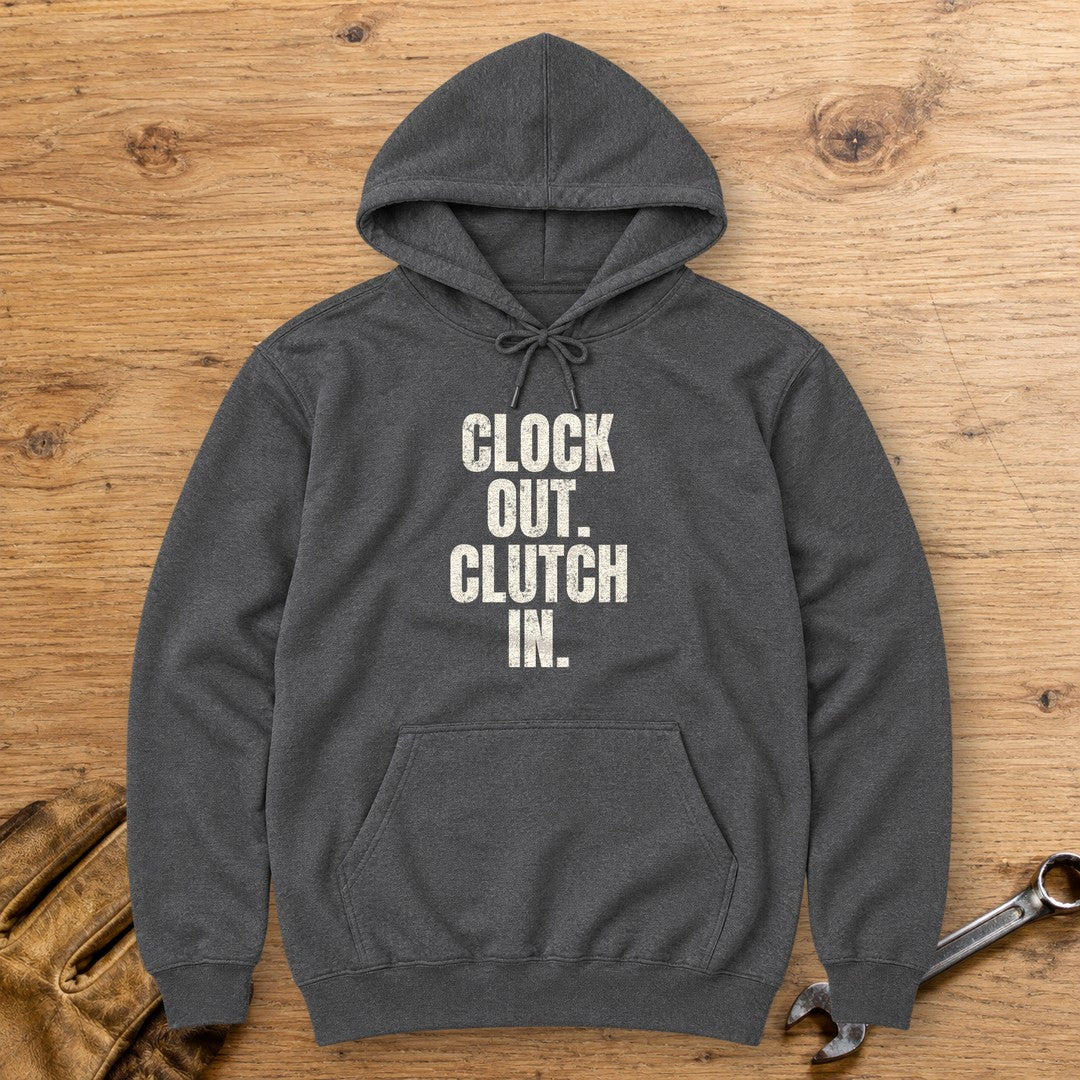 Clock Out Clutch In Hoodie - Dark Heather - bench
