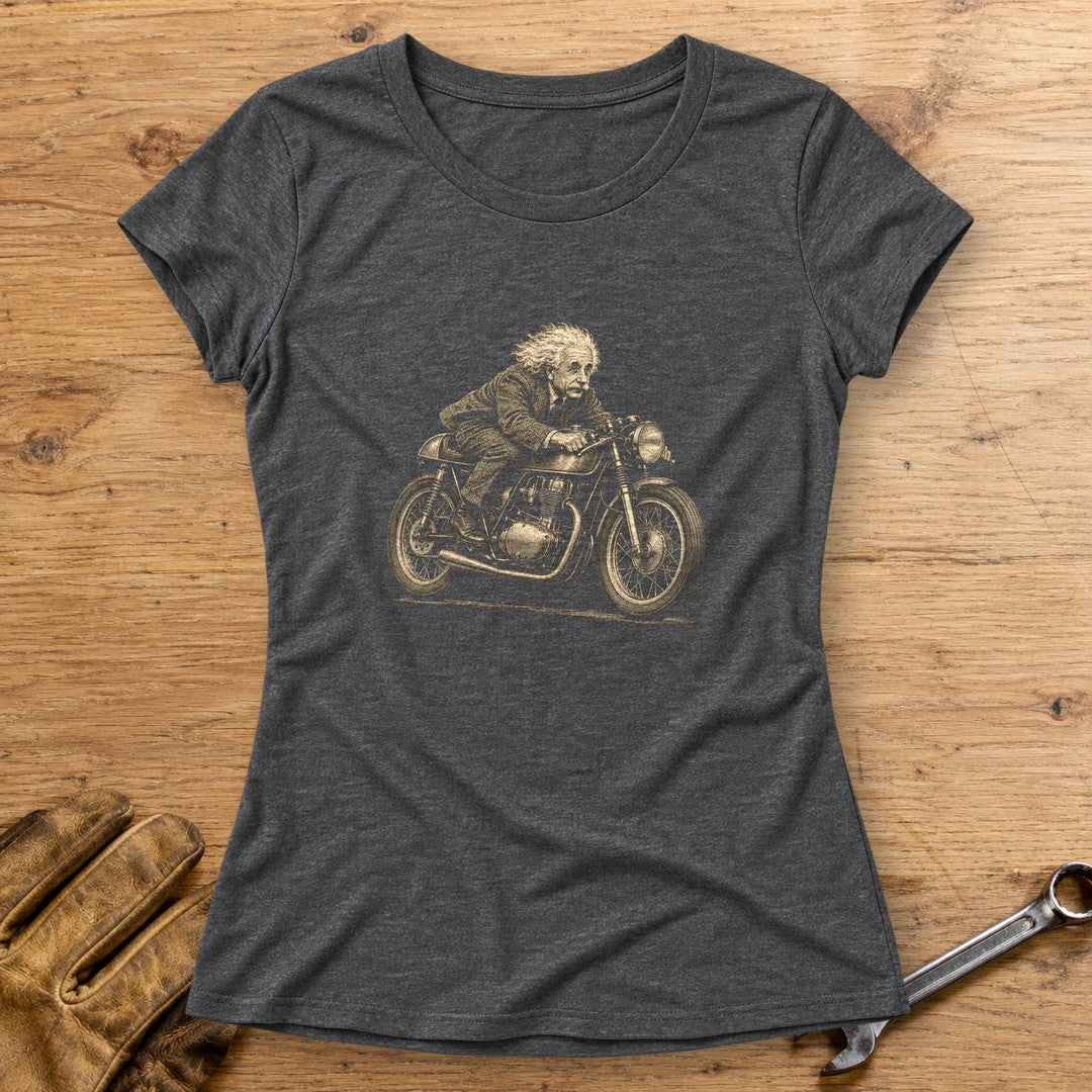 Albert Einstein Cafe Racer Women's T-Shirt - Dark Heather - bench