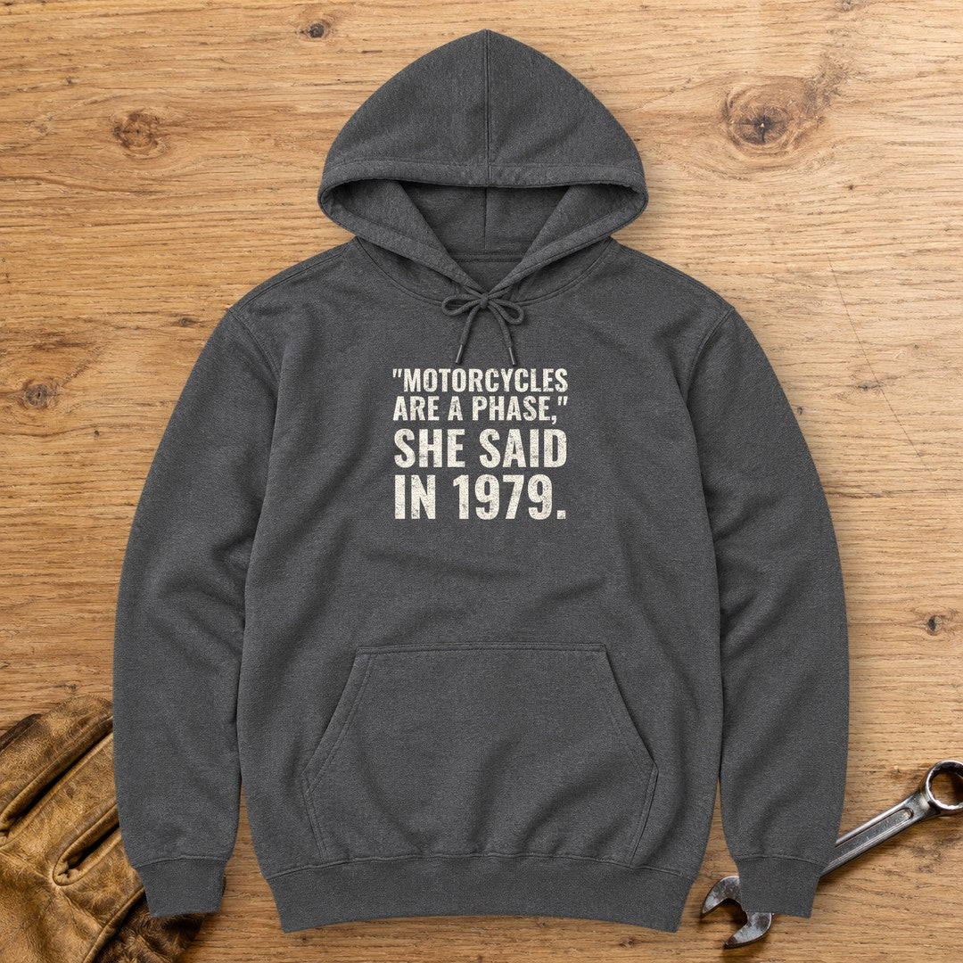 Motorcycles Are A Phase Hoodie - Dark Heather - bench