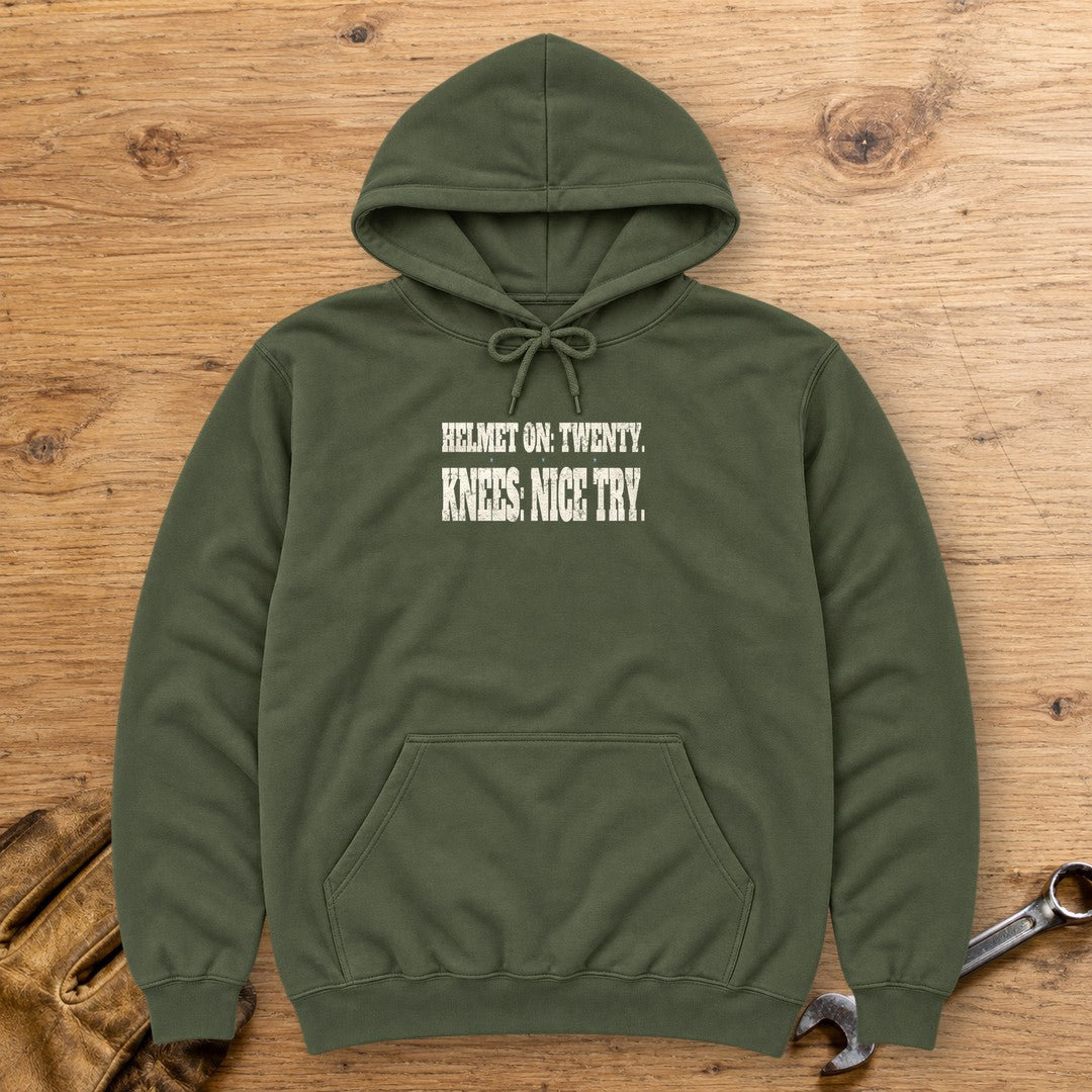 Helmet On Twenty Hoodie - Military Green - bench