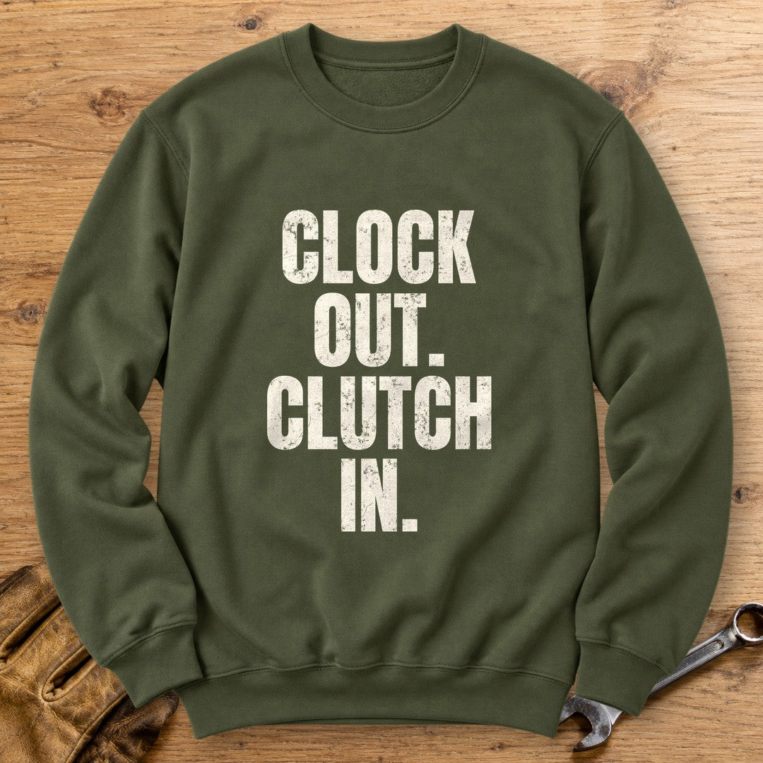 Clock Out Clutch In Crewneck Sweatshirt - Military Green - bench