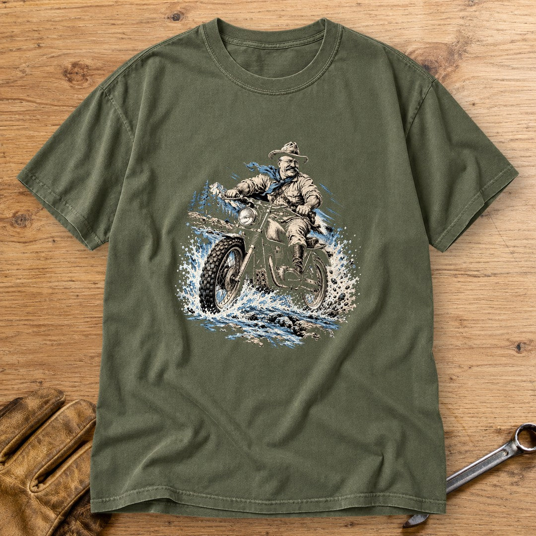 Theodore Roosevelt River Crossing Premium T-Shirt - Moss - bench