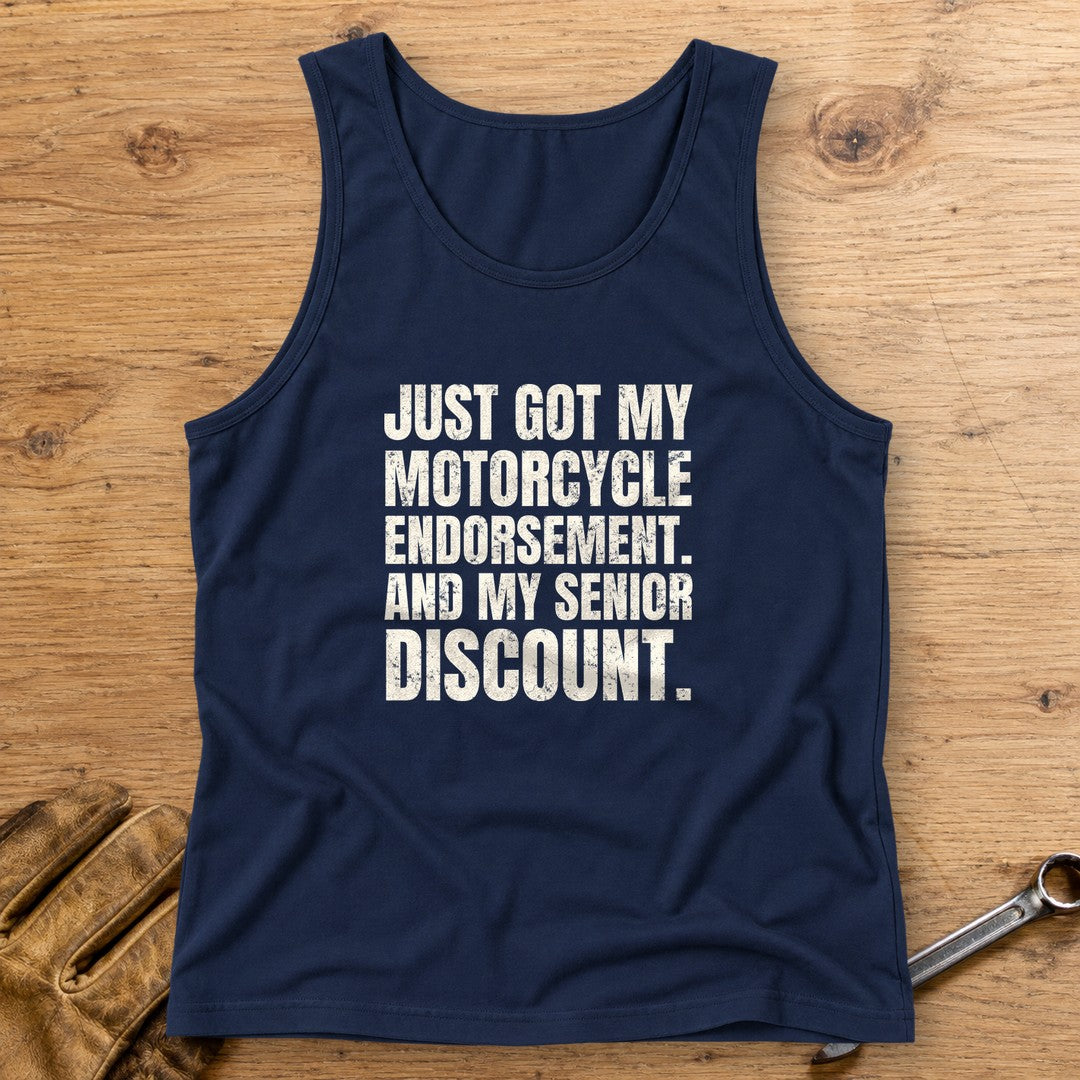 Senior Discount Rider Tank Top - Navy - bench