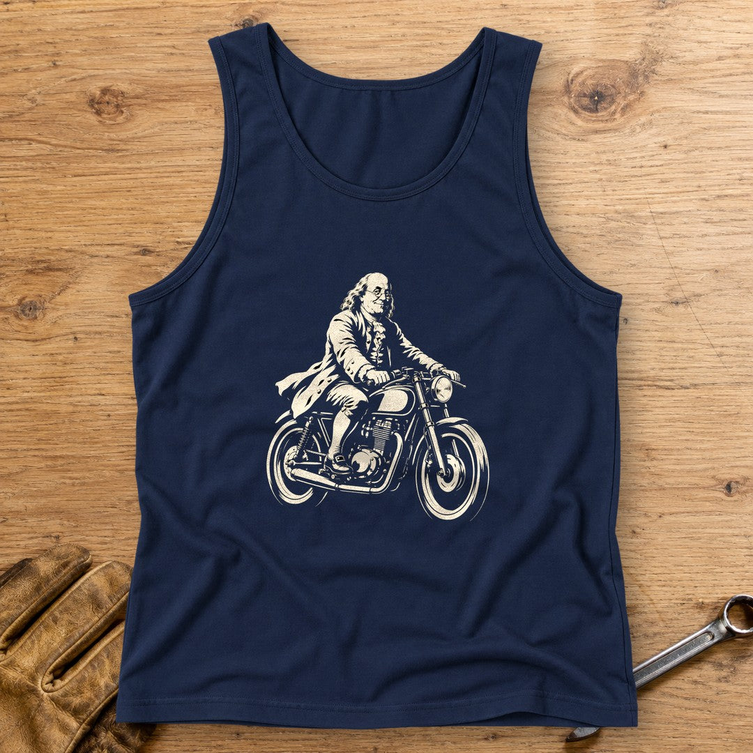 Benjamin Franklin Cafe Racer Tank Top - Navy - bench