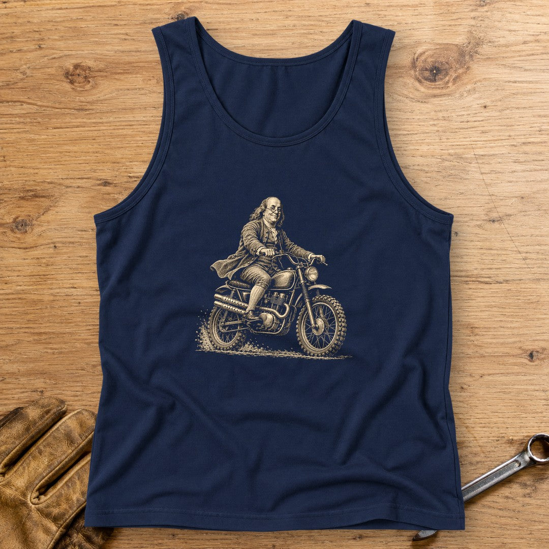 Benjamin Franklin on the Dirt Tank Top - Navy - bench