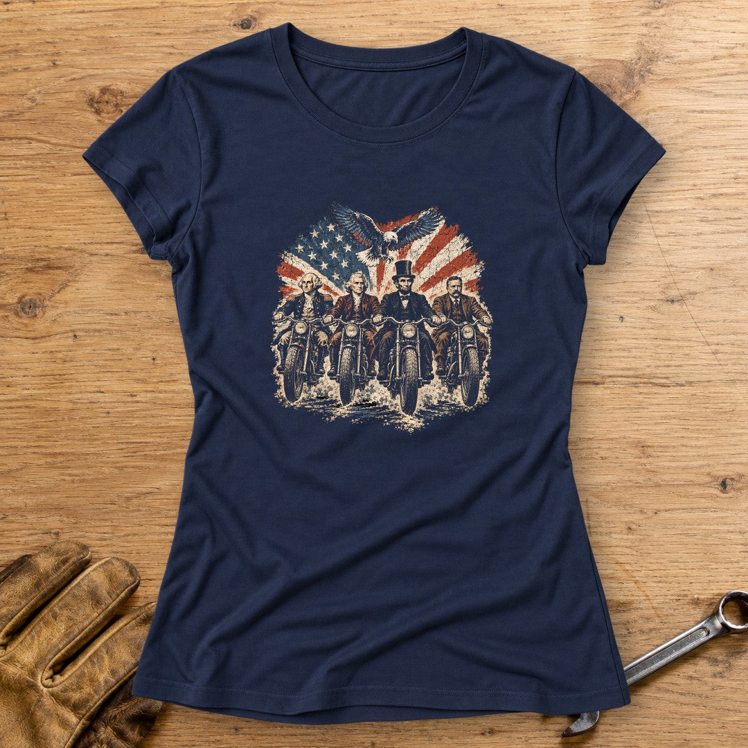 G. Washington, T. Jefferson, A. Lincoln & T. Roosevelt Ride Women's T-Shirt - Navy - bench