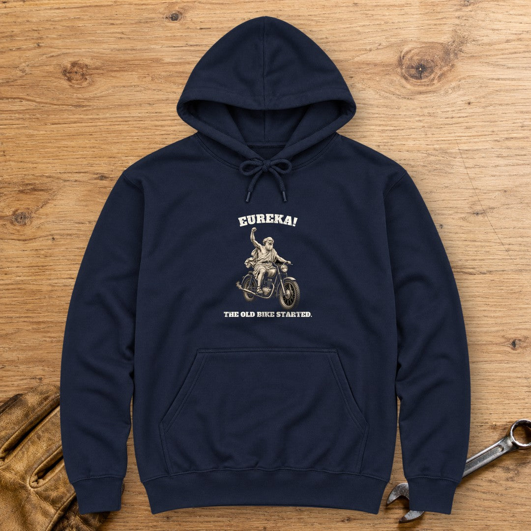 Archimedes Old Bike Started Hoodie - Navy - bench