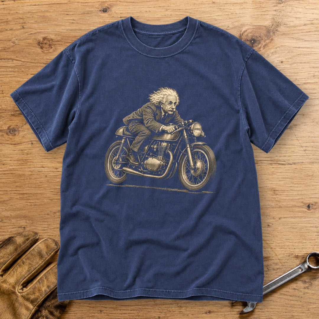 Albert Einstein Cafe Racer Premium T-Shirt - Navy - bench