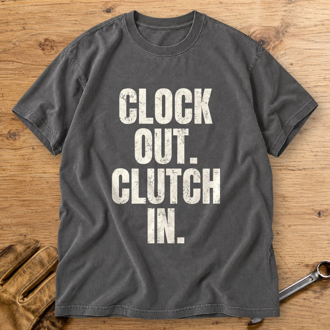Clock Out Clutch In Premium T-Shirt - Pepper - bench