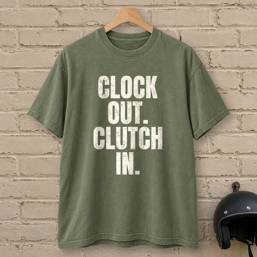 Clock Out Clutch In Premium T-Shirt - Moss - brick
