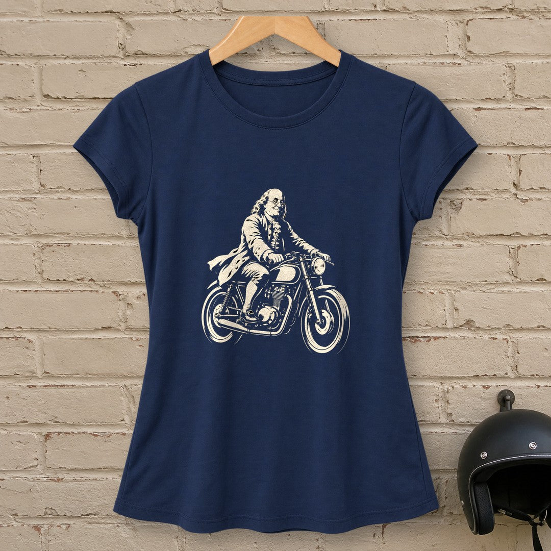 Benjamin Franklin Cafe Racer Women's T-Shirt - Navy - brick