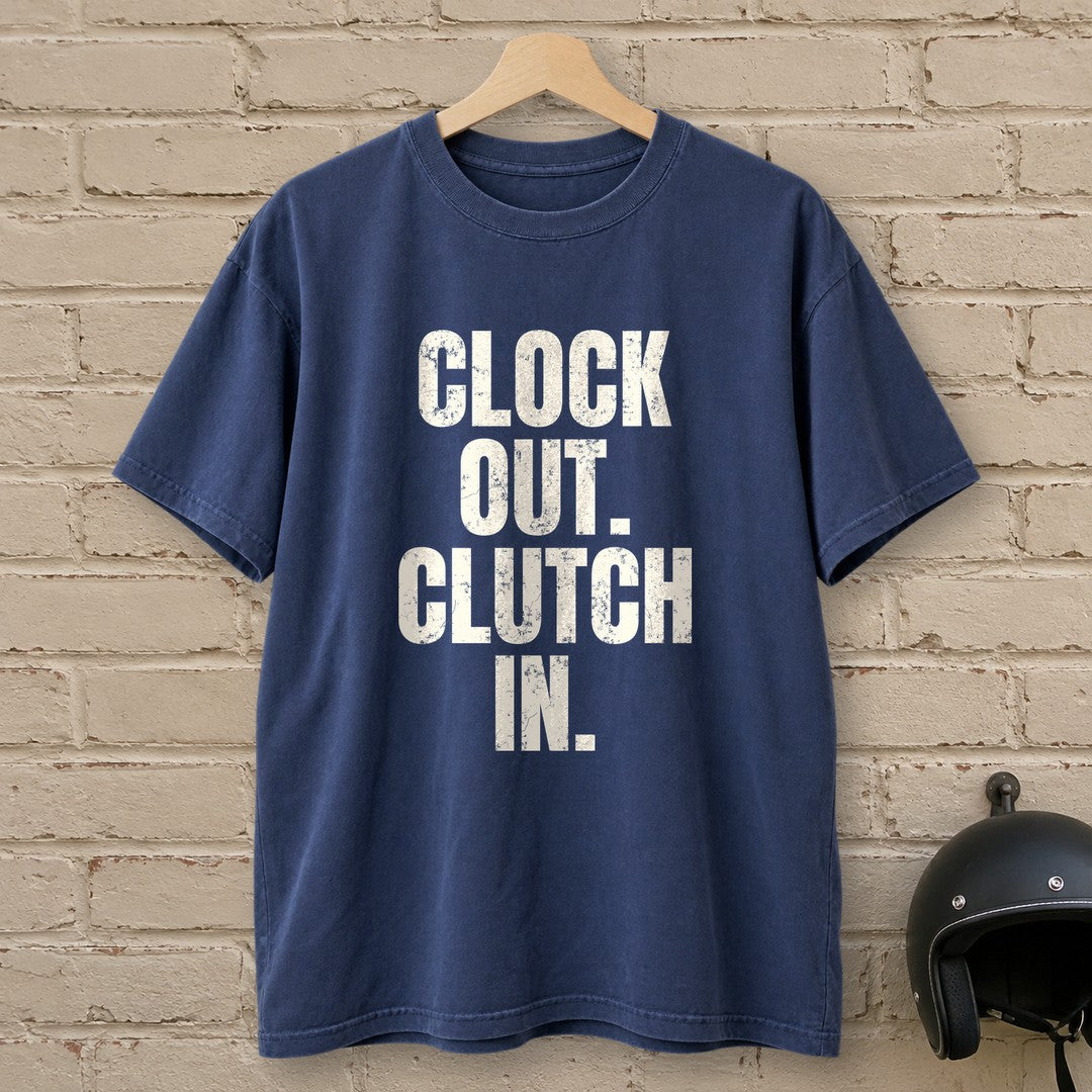 Clock Out Clutch In Premium T-Shirt - Navy - brick