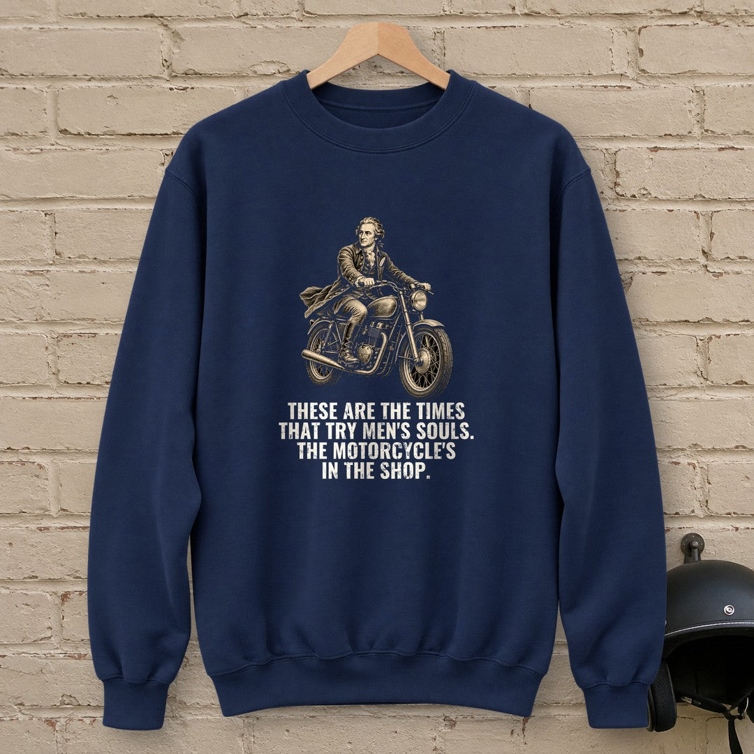 Thomas Paine Bike in the Shop Crewneck Sweatshirt - Navy - brick