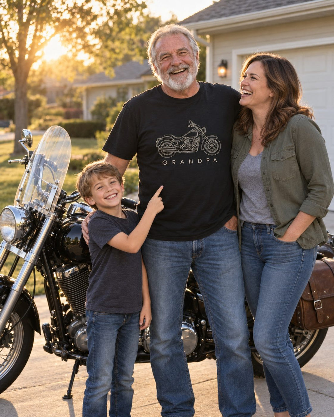 A grandfather in a black Grandpa motorcycle tee laughing in his driveway with his daughter and grandson, who points at the shirt