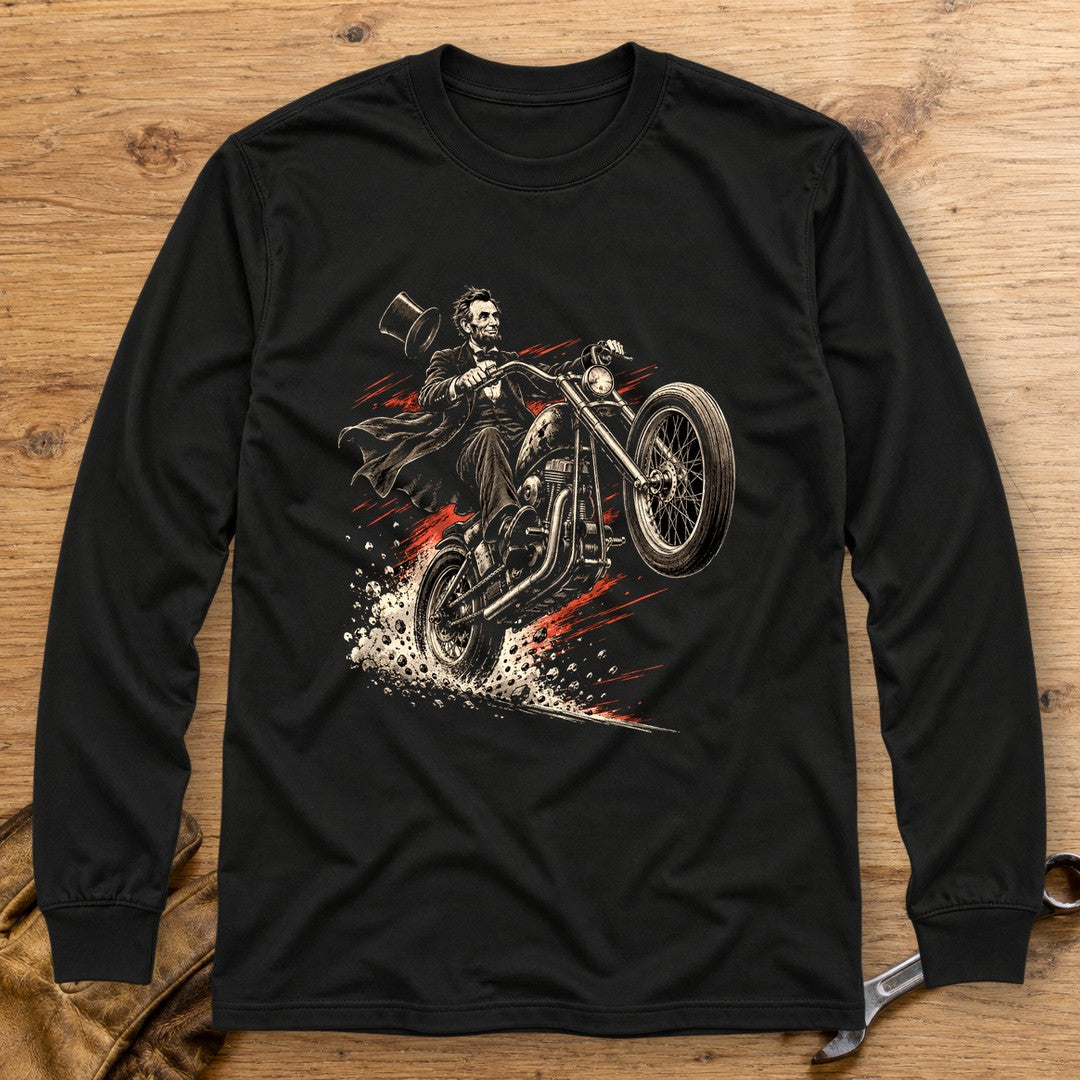 Abraham Lincoln Top Hat Wheelie Long Sleeve T-Shirt - Black - bench