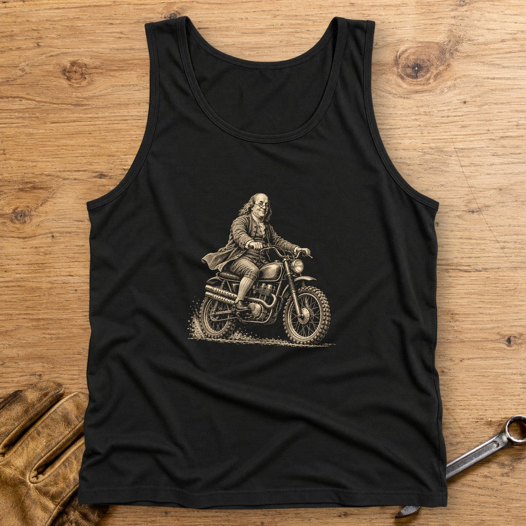 Benjamin Franklin on the Dirt Tank Top - Black - bench