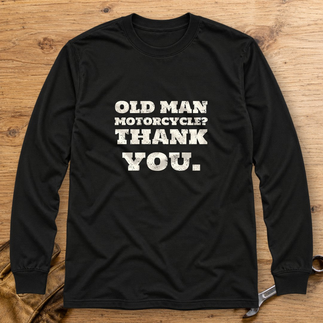Old Man Motorcycle Long Sleeve T-Shirt - Black - bench