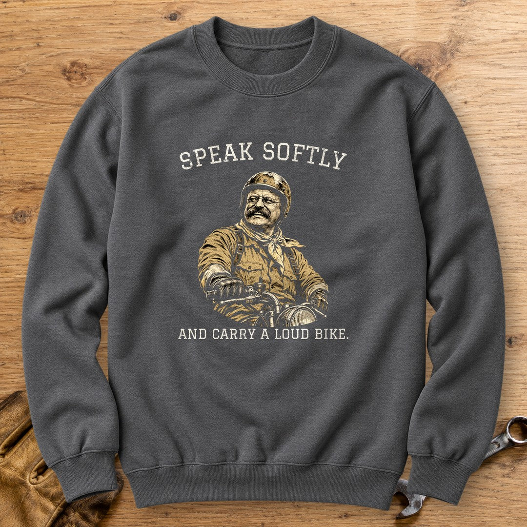 Theodore Roosevelt Speak Softly Loud Bike Crewneck Sweatshirt - Charcoal - bench