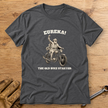Archimedes Old Bike Started T-Shirt - Charcoal - bench
