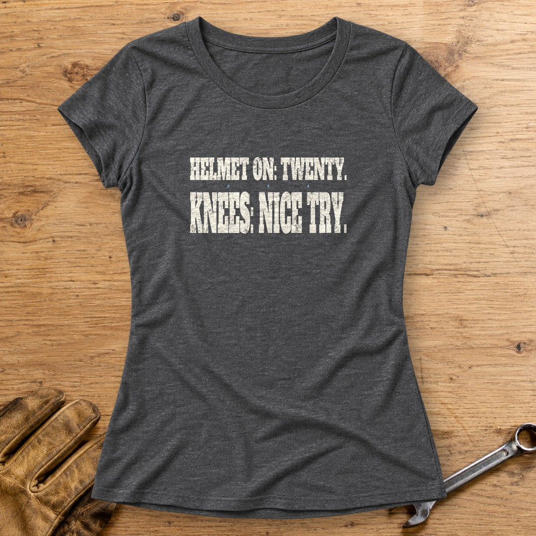 Helmet On Twenty Women's T-Shirt - Dark Heather - bench