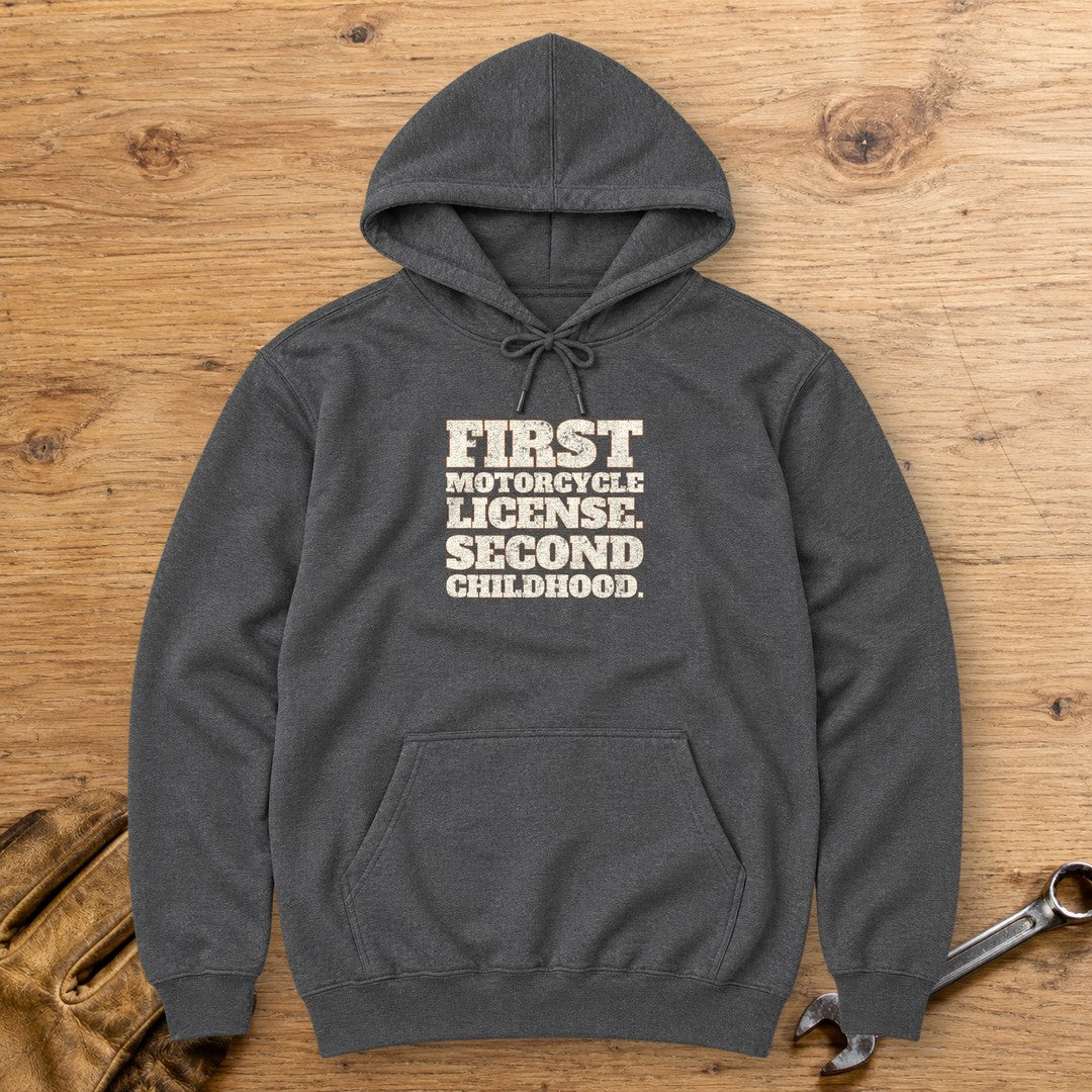 Second Childhood Hoodie - Dark Heather - bench