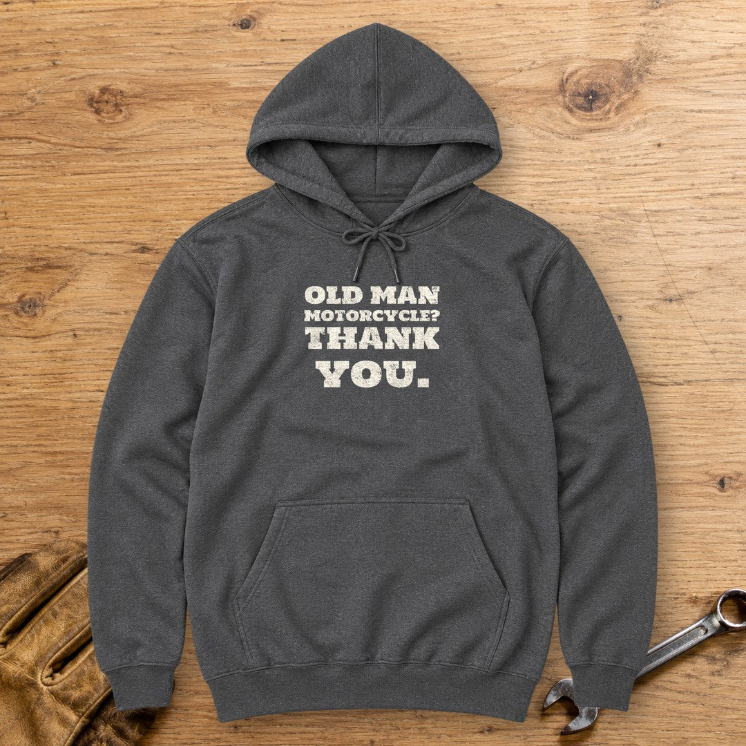Old Man Motorcycle Hoodie - Dark Heather - bench