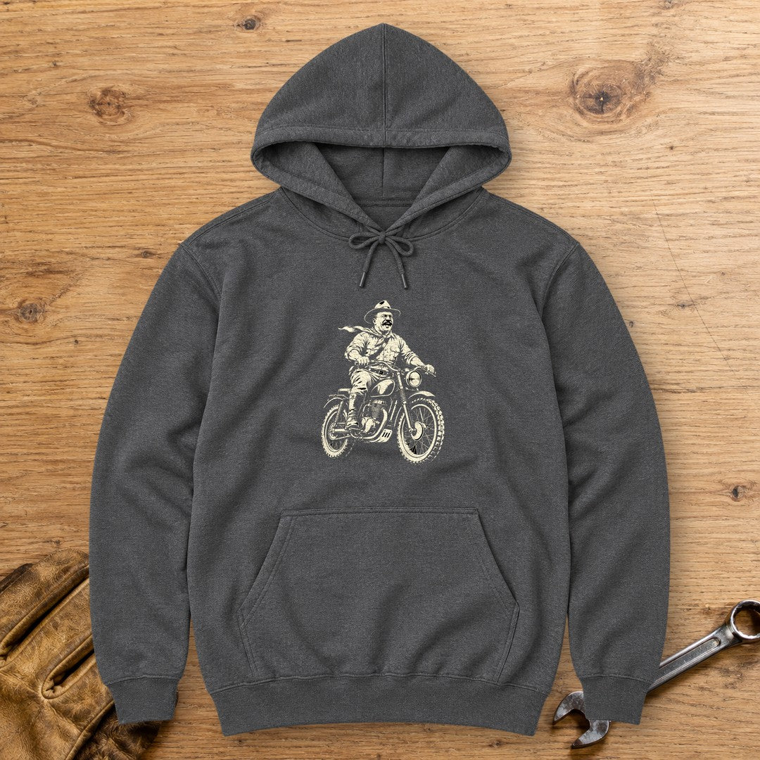 Theodore Roosevelt Laughing Scrambler Hoodie - Dark Heather - bench