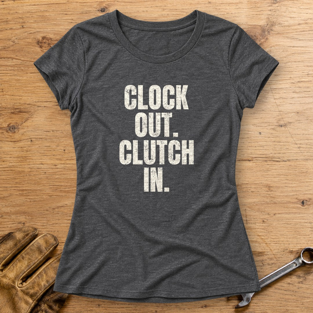 Clock Out Clutch In Women's T-Shirt - Dark Heather - bench