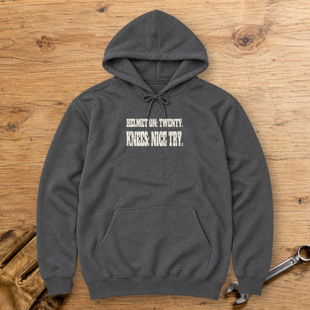 Helmet On Twenty Hoodie - Dark Heather - bench