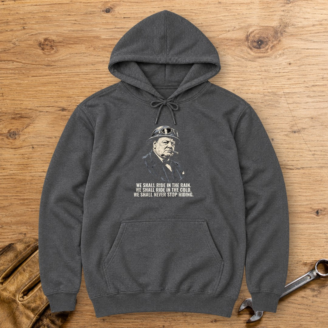 Winston Churchill We Shall Ride Hoodie - Dark Heather - bench