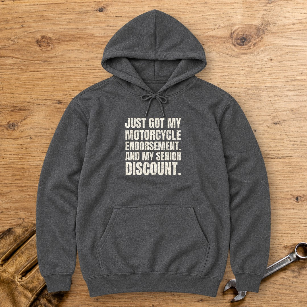 Senior Discount Rider Hoodie - Dark Heather - bench