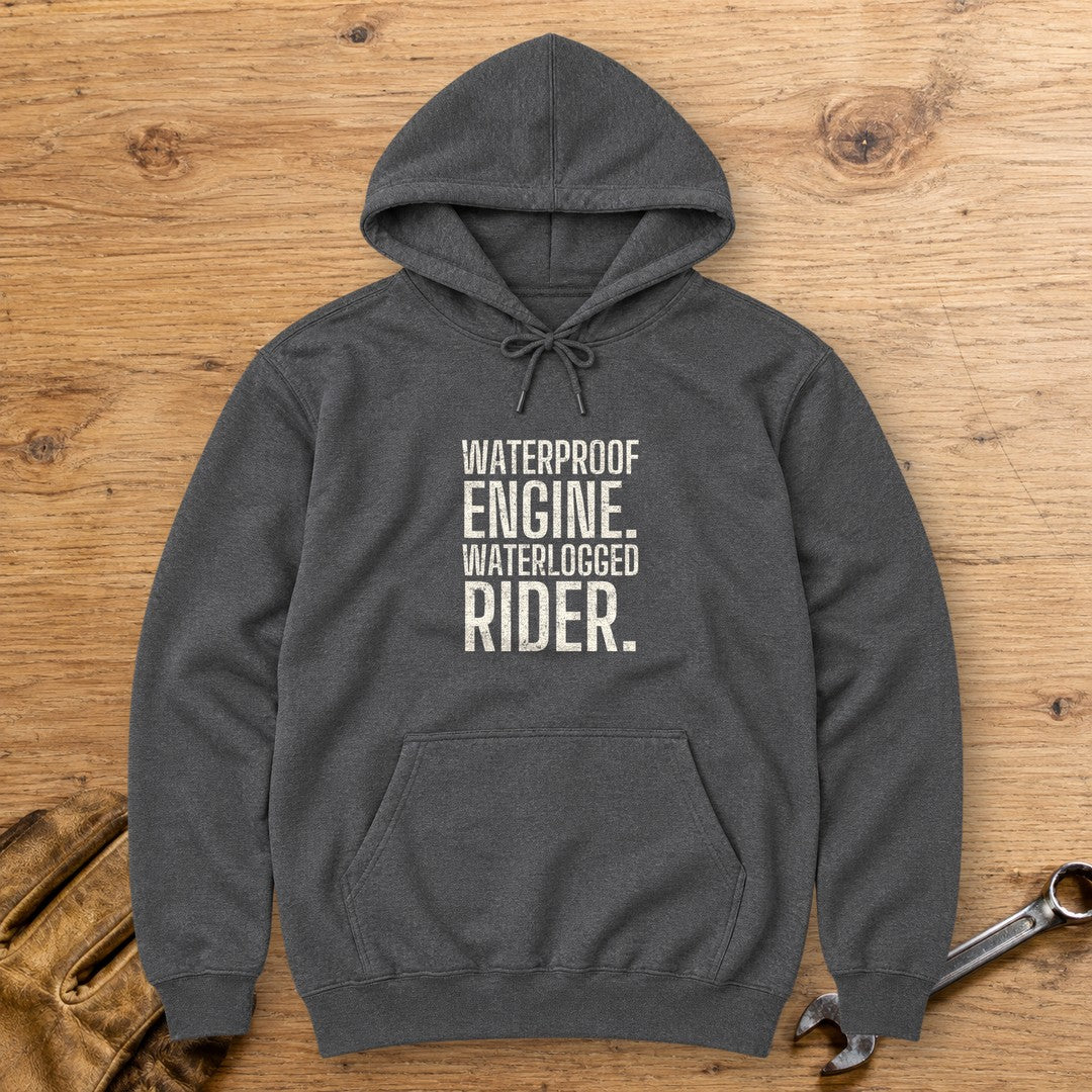 Waterlogged Rider Hoodie - Dark Heather - bench
