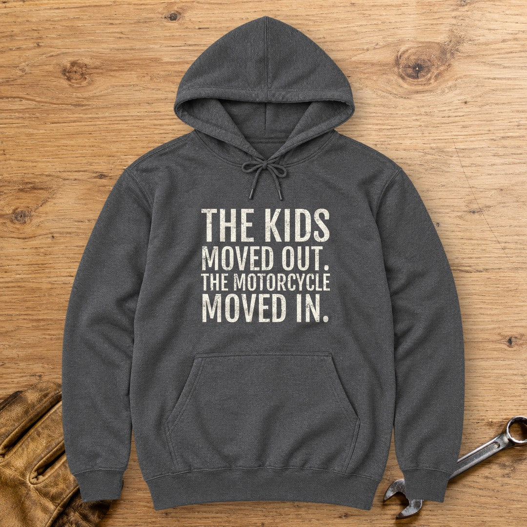 Kids Moved Out Hoodie - Dark Heather - bench