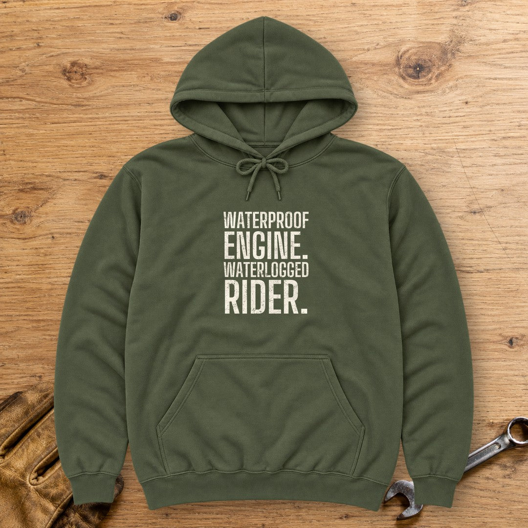 Waterlogged Rider Hoodie - Military Green - bench