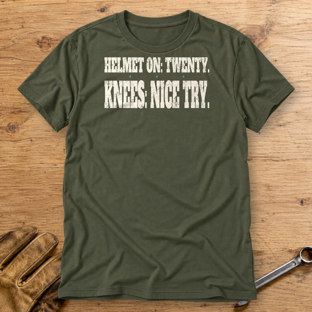 Helmet On Twenty T-Shirt - Military Green - bench