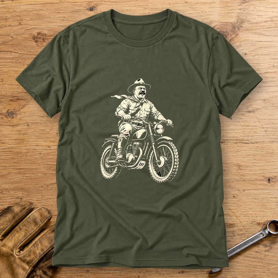Theodore Roosevelt Laughing Scrambler T-Shirt - Military Green - bench
