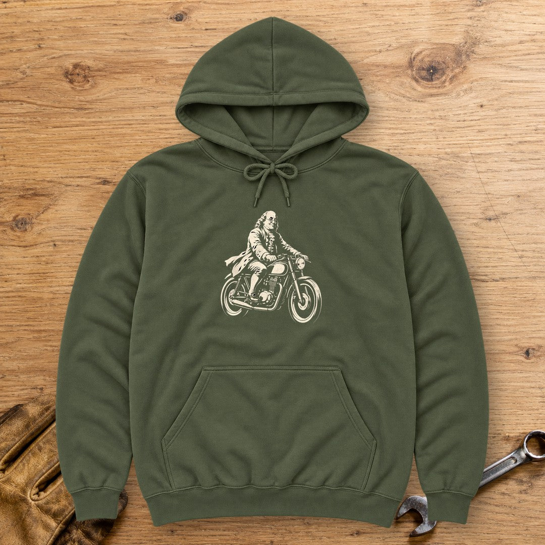 Benjamin Franklin Cafe Racer Hoodie - Military Green - bench