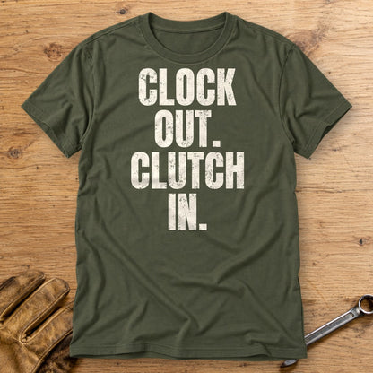Clock Out Clutch In T-Shirt - Military Green - bench