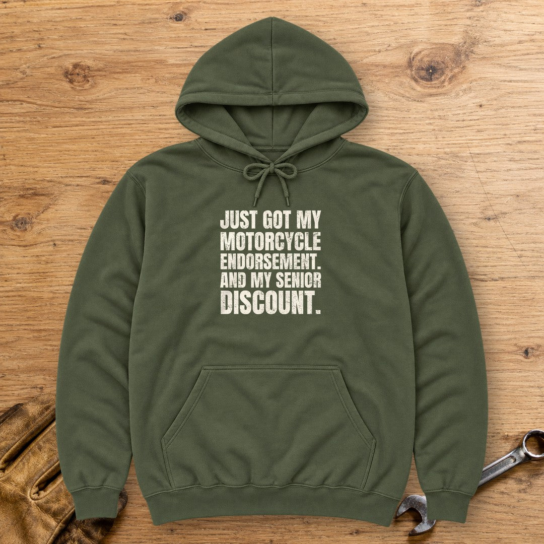 Senior Discount Rider Hoodie - Military Green - bench