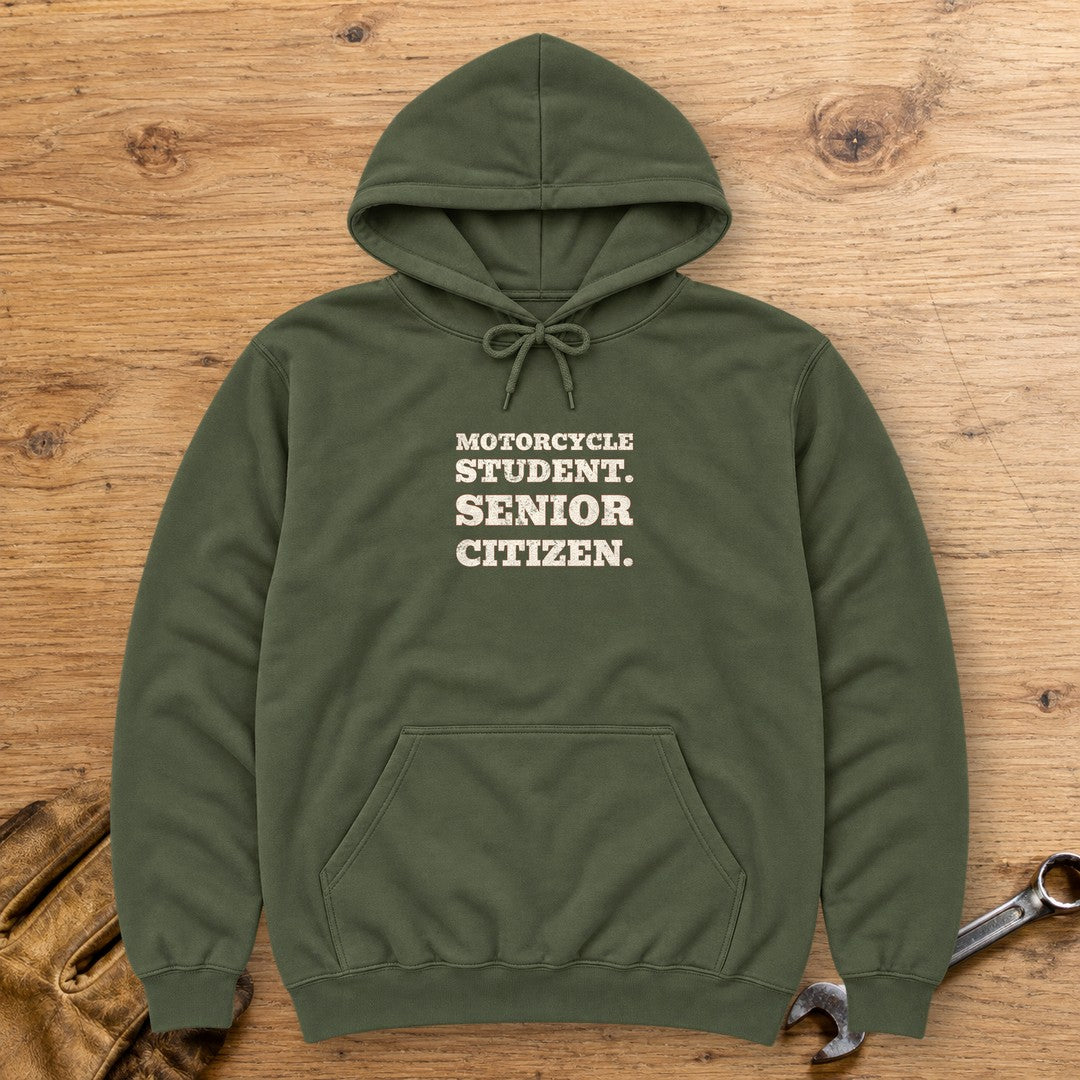 Motorcycle Student Hoodie - Military Green - bench
