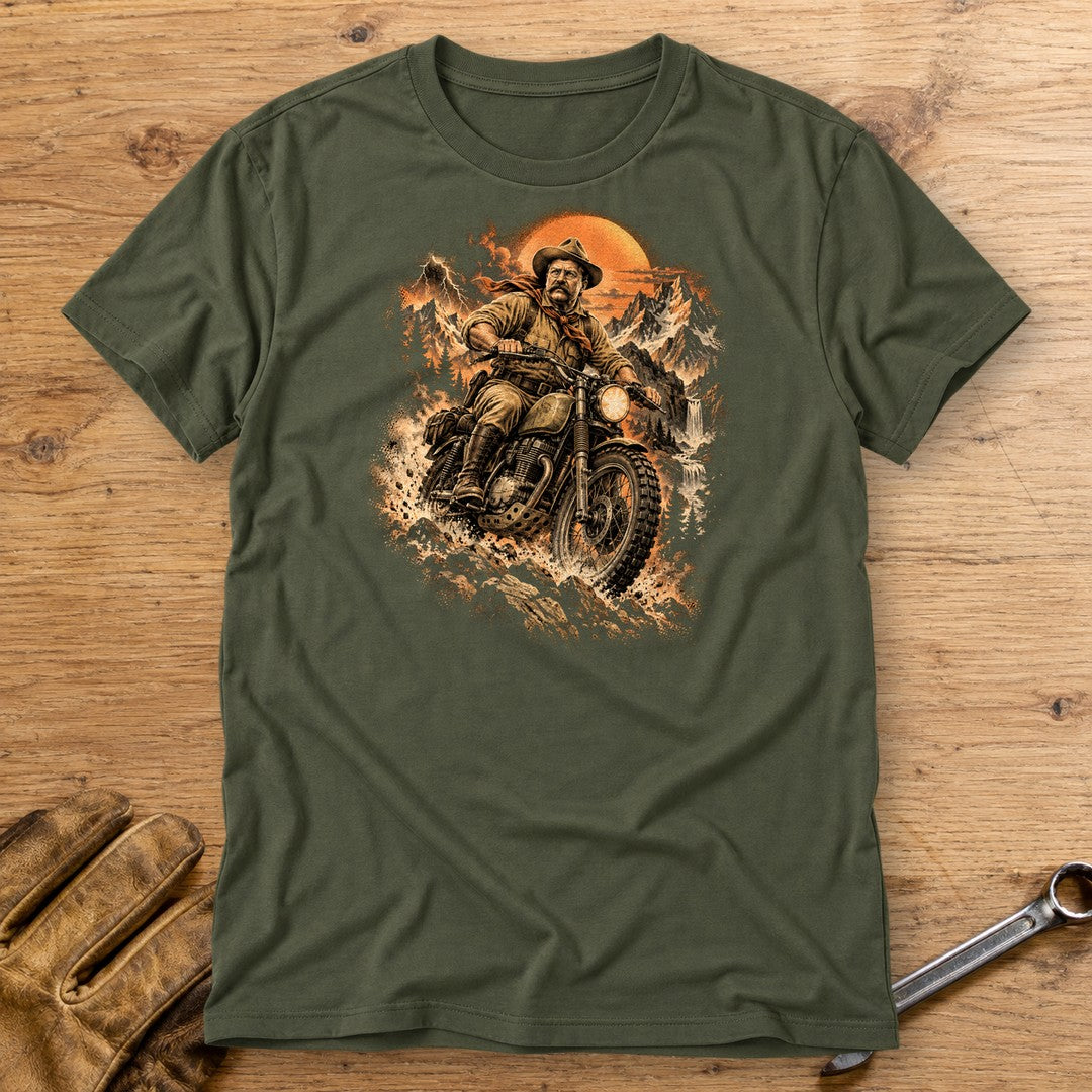Theodore Roosevelt Mountain Trail T-Shirt - Military Green - bench