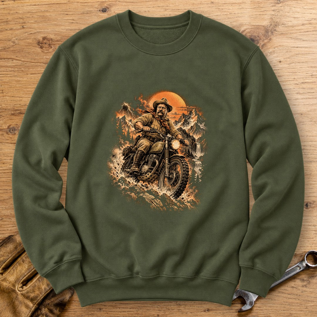Theodore Roosevelt Mountain Trail Crewneck Sweatshirt - Military Green - bench