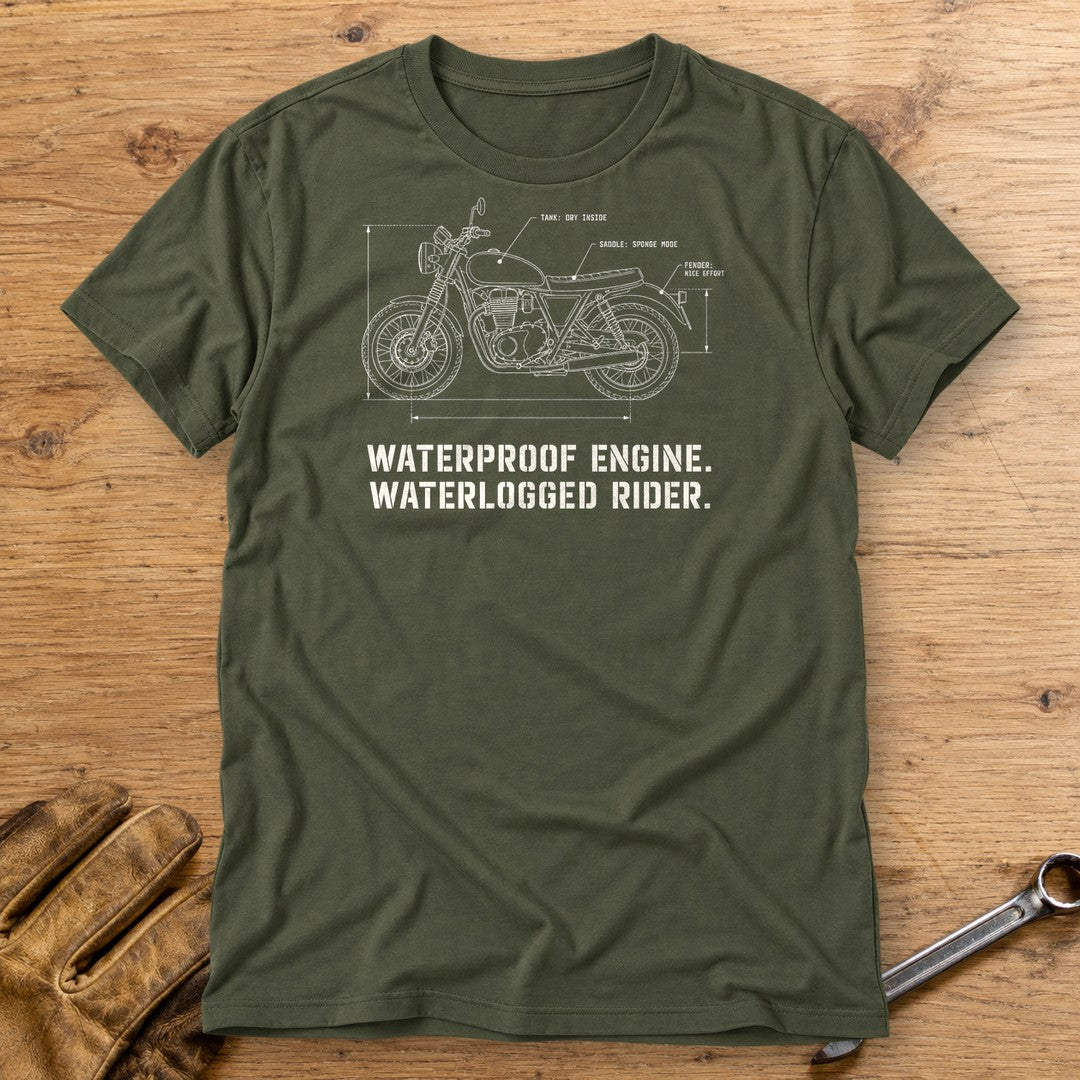 Waterproof Engine Blueprint T-Shirt - Military Green - bench