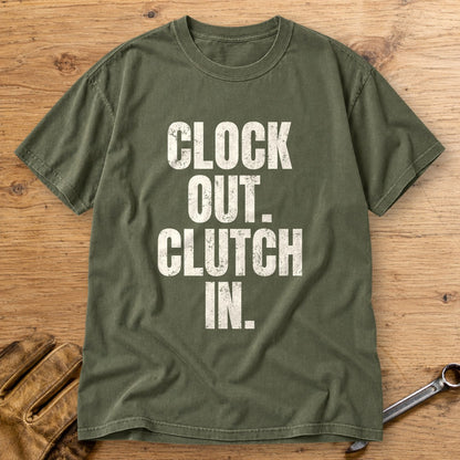 Clock Out Clutch In Premium T-Shirt - Moss - bench