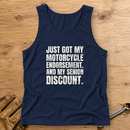 Senior Discount Rider Tank Top - Navy - bench