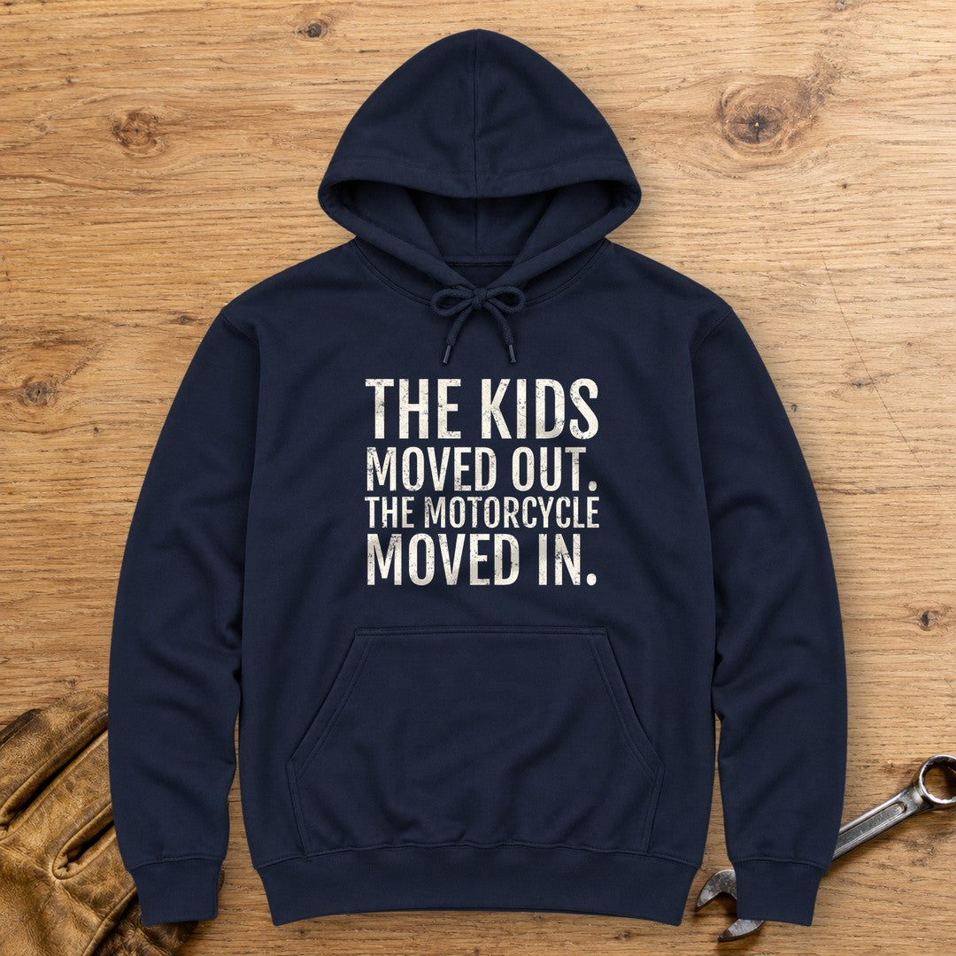 Kids Moved Out Hoodie - Navy - bench