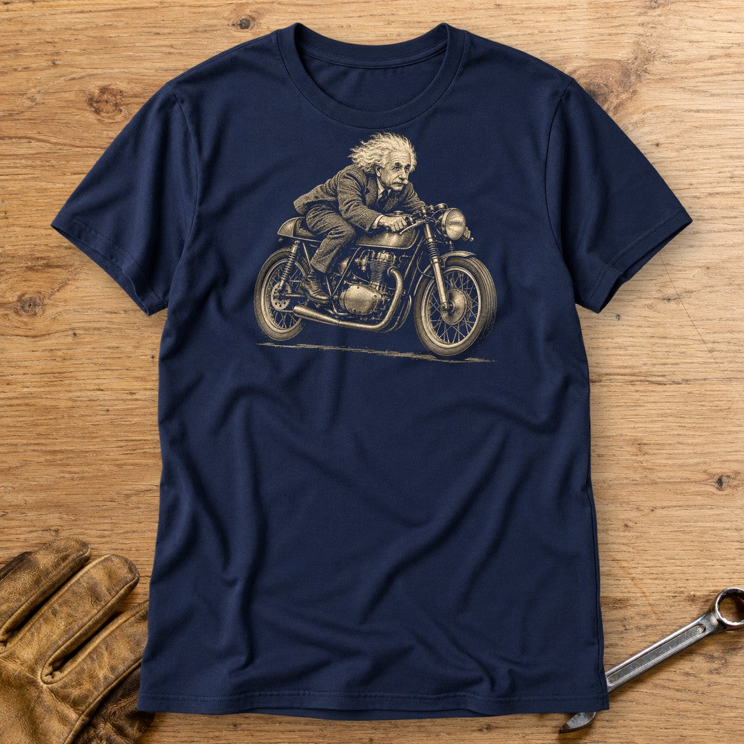 Albert Einstein Cafe Racer T-Shirt - Navy - bench